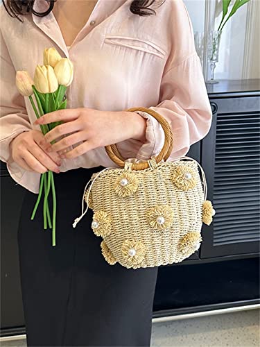 Image of Summer Straw Bag for Women Pearl Flower Bucket Tote Bag Diamond Handbag Hand Woven Rattan Shell Purse Drawstring