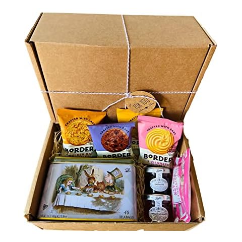 Afternoon Tea Gift Hamper with biscuits and Alice In Wonderland Collectable Tin, Jam And Marmalade And Border Biscuit Selection. Gift Ready Cover