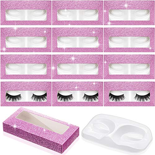 60 Pieces Empty Eyelash Case, 30 Empty Eyelash Boxes Lash Box Packaging Glitter Paper Plastic Eyelash Storage Box, 30 Empty Eyelash Boxes Tray False Eyelashes Storage Box Packing Tray (Deep Pink)