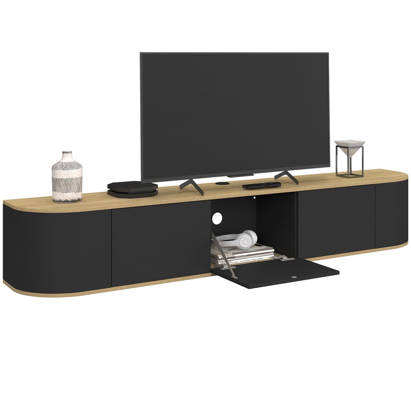 IDMarket - Meuble TV 180 cm Suspendu Leora 3 Portes Bois et Noir