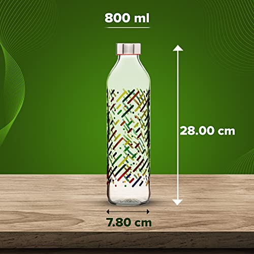 Image of SAND DUNE Set of 6, 800 ml Each Colored Sticks Printed Glass water bottle, with Leak-Proof Airtight Stainless-Steel Lid for Water, Smoothie, Juices - Reusable Travel Glass Drinking Fridge Bottles