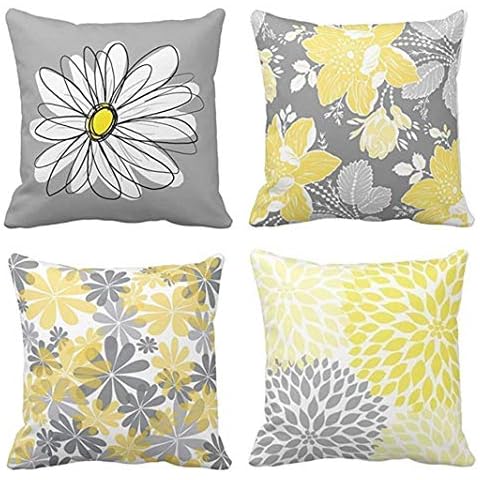 Emvency Set of 4 Throw Pillow Covers Gray and Yellow Modern Daisy with Pretty White Floral Hand Couch Sofa Decorative Pillow Cases Cushion Home Decor Square 16x16 Inches Pillowcases Cover