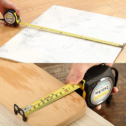 Tape Measure 8M/26FT, Double-Sided Metric and Inch Scale with Fractions, Retractable Measuring Tape with Magnetic Hook and Double Stop Buttons