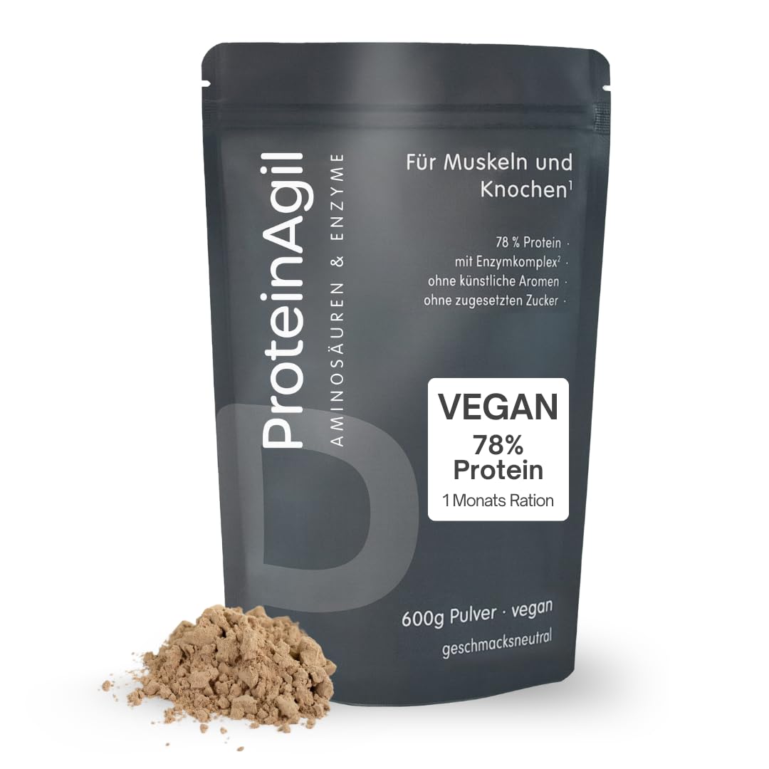 AgilNature Veganes Protein Pulver I 600 g Erbsenprotein mit 78% Eiweiß + Enzymkomplex I 30 Portionen I Protein Shake für Muskeln & Knochen I ohne Zuckerzusatz I Made in Germany I ProteinAgil