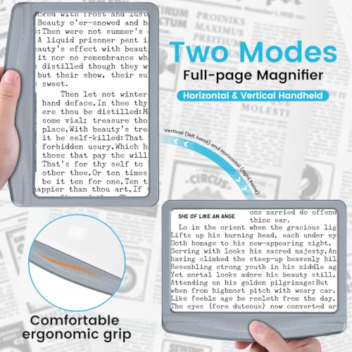 Image of Rechargeable 5X Magnifying Glass for Reading, Large Bright Full Page Magnifier with Light, Handheld LED Dimmable Lighted, Lightweight Book Magnifier for Reading Small Prints Seniors - Gray