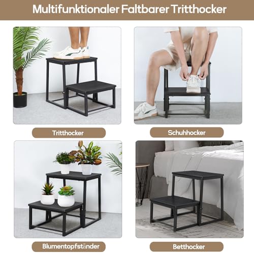 smusei 2 Stufen Tritthocker Klappbar für Erwachsene & Kinder, 3-in-1 Stabiler Holzhocker Fußbank Abnehmbar für Küche, Bad, Schlafzimmer, Toiletten, Tragfähigkeit 200KG -Schwarz
