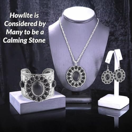Howlite Jewelry Sets for Women - Turquoise Inspired Western Cowgirl Accessories - Beautiful Statement Necklace Earrings & Cuff Bracelet Set Southwestern Chunky Necklaces Costume Jewelry - Black4