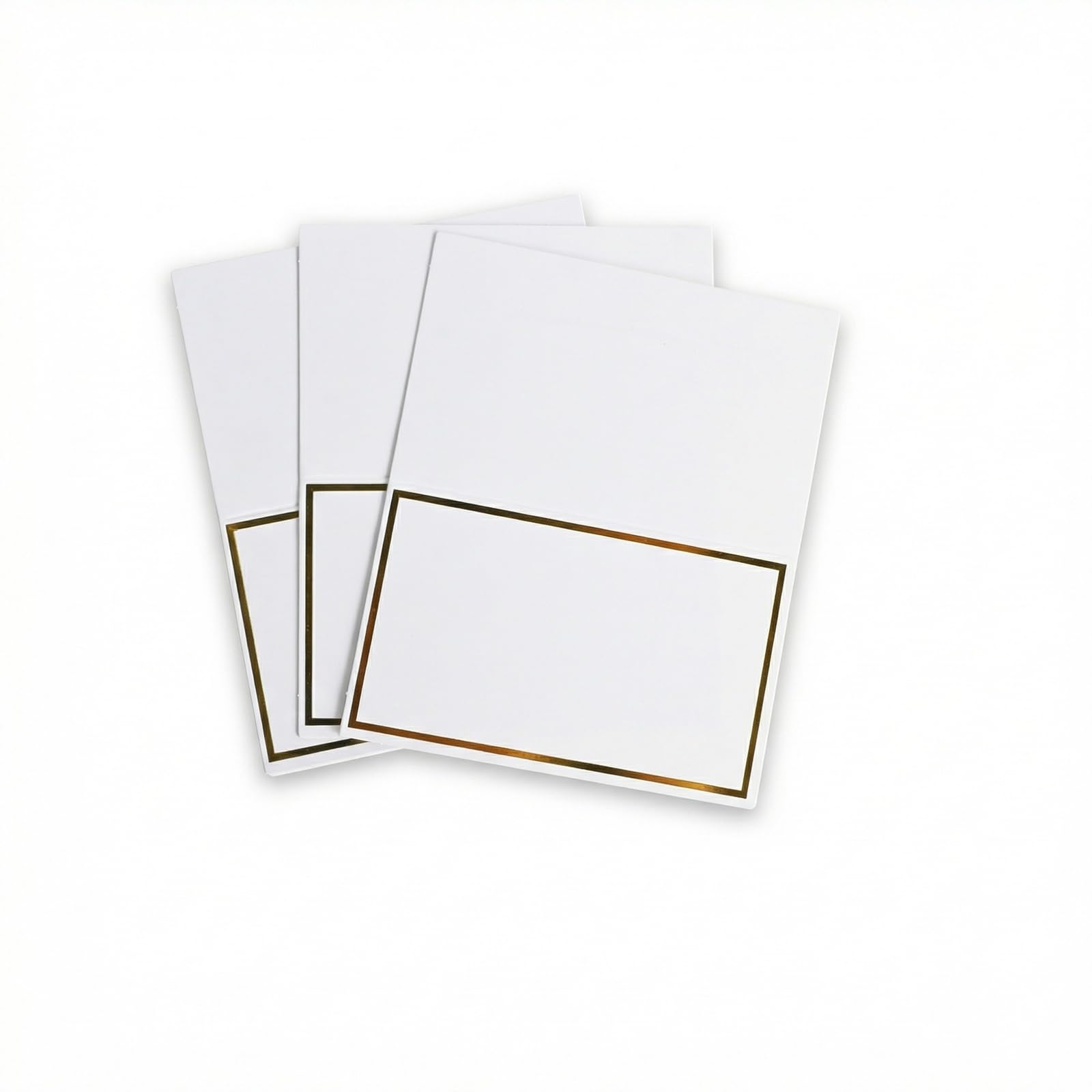Merzio 50 Pcs Place Cards for Table Setting, Gold Foil Border Name Cards, White Blank Table Tent Cards for Wedding, Banquet, Dinner Party, Buffet Food Labels, Seating Cards (Folded Size 10x5cm)