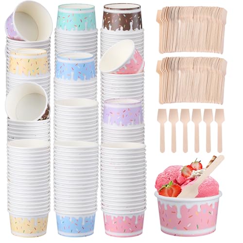 Kochorie 300 Pieces 6 oz Paper Ice Cream Cups with Spoons Paper Dessert Cups Disposable Ice Cream Bowls Treat Snack Container Cup for Sundae Frozen Yogurt Soup Summer Party Supplies