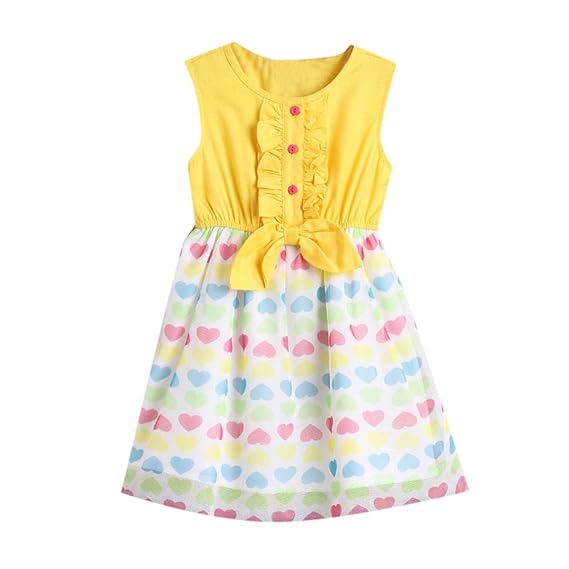 Hopscotch Girls Cotton Heart Printed Dress in Yellow Color