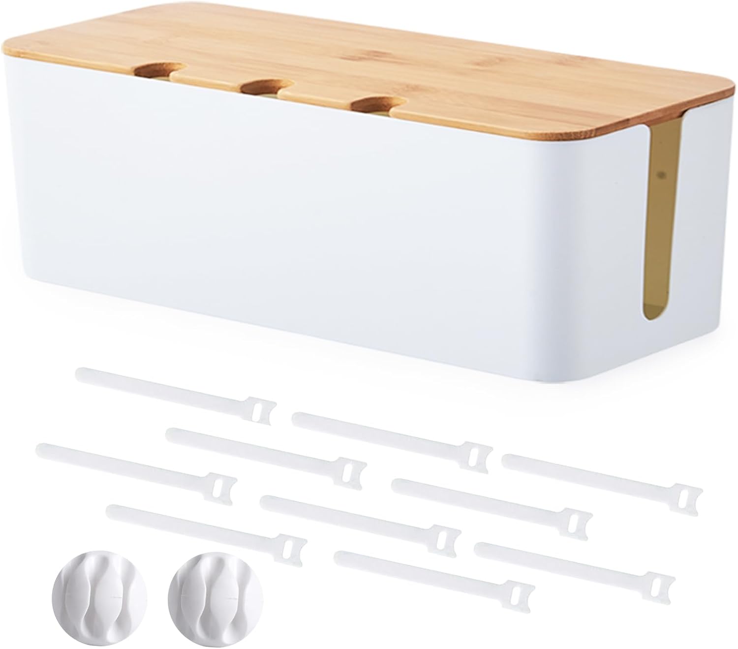 Caja de organización de cables, caja organizadora de cables con tapa de bambú, organización de cables debajo del escritorio con 10 bridas y 2