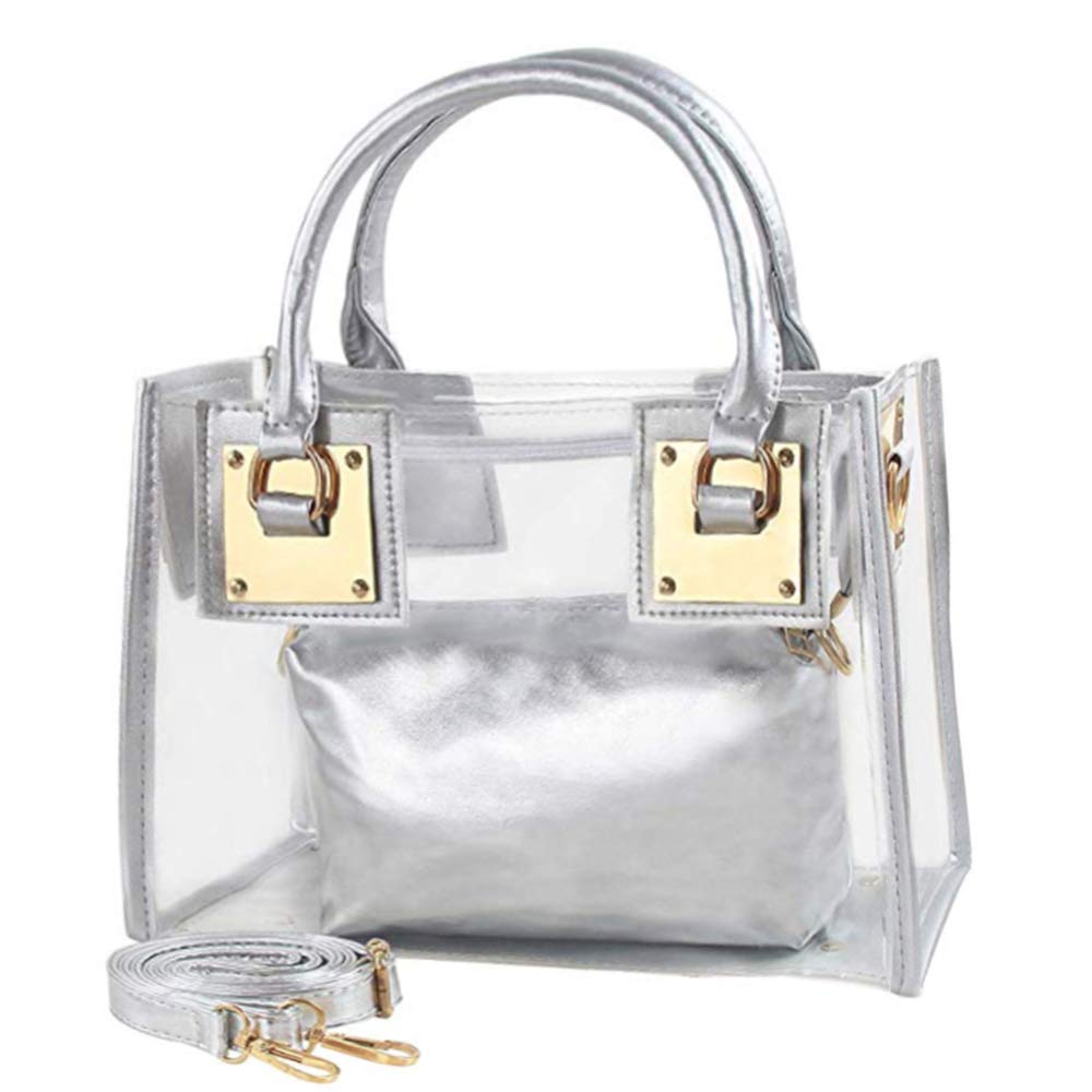 Cooba2-Pcs Women Clear Handbags Jelly Purse Satchel Bags Small Tote Bag Transparent Beach Crossbody Shoulder Bag Zip Wallet, Silver, One Size