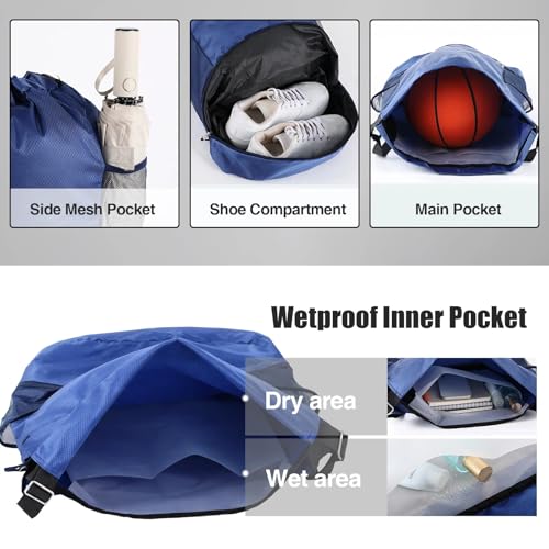 Image of 6 Pcs 6 Pcs Gym Drawstring Backpack Bulk for Men, Blue, Black | Drawstring Closure, with Shoe Compartment, Wet Proof Pocket, Lightweight, Durable Build, Gym Practice & Game-day Ready