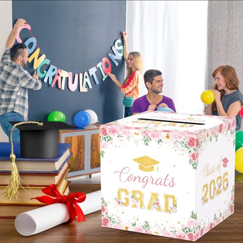 Image of Floral Graduation Card Box 2026, Pink Flower Congrats Grad Card Holder Box, Graduation Party Money and Gift Card Box, Foldable Graduation Gift Grad Parties, 8.7 x 8.7 x 8.7 Inch