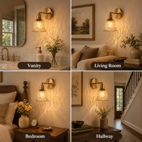 Image of Vintage Gold Wall Sconces - Hardwired Wall Mounted Light Fixtures with Clear Green Tulip Glass Lampshade, 2 Usage Methods Wall Light fixtures for Bedside Bedroom Living Room Wall Decor