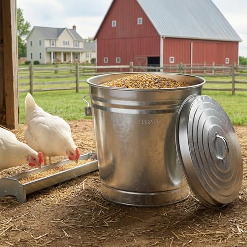 Image of Plexon 10 Gallon Trash Can with Locking Lid Galvanized Metal Bucket for Poultry Feed Bird Seed Storage Ash Outside Garbage Can with Lid, 3 Pack