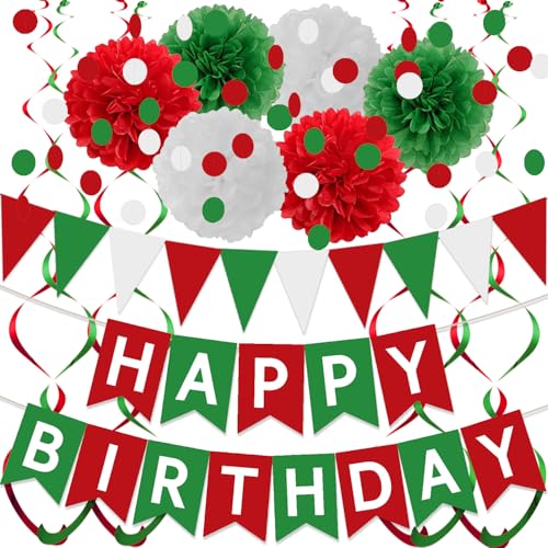 Red-Green White Birthday Party Decorations Happy Birthday Banner with Tissue Flower Pom Poms Circle Dots Garland Swirl Streamers Triangle Pennant for Christmas Party Decorations