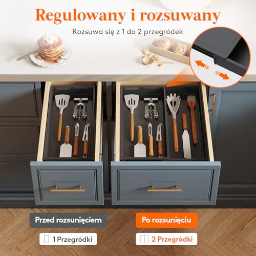 Lifewit Organizer do szuflady na sztućce, rozszerzalny organizer do przyborów kuchennych, 2 przegródki na sztućce do szuflad kuchennych, uchwyt na sztućce na nóż, widelec, łyżkę, kolor czarny