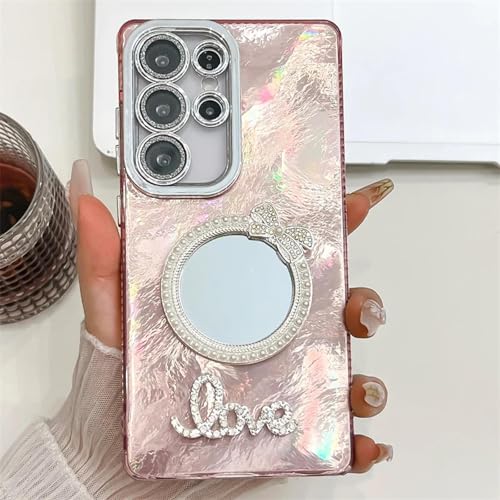 Coque arrière Galaxy S25 rigide en polycarbonate pailleté rose aluminium effet miroir