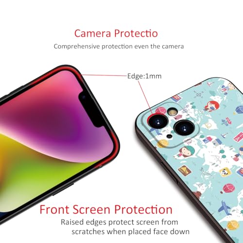 Cute Cartoon World Map Phone Case for iPhone 15 - Soft & Shockproof Travel Style for Girls & Women(B1-Cartoon Cute Girly)