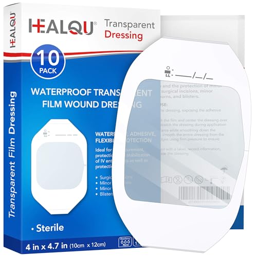 Transparent Film Dressing 4' x 4.75' (10 Pack) - Waterproof Adhesive Wound Bandages for Post-Surgical Shower, IV Shield, Tattoo Aftercare, Clear Breathable Dressing Patches by HEALQU