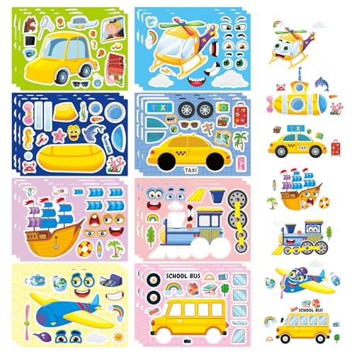 Image of Vehicle Stickers for Kids, Make a Face Sticker, Make Your Own Car Sticker | 24 Sheets Train, Airplane, Boat Stickers for Toddlers, Brithday Party Supplies Classroom Teacher Reward