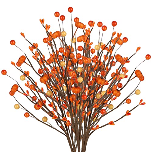 Fyearfly Púas de bayas artificiales para decoración de otoño y Acción de Gracias, tallos de bayas de espuma naranja de 20 cm, arreglos florales para el hogar y manualidades de Navidad