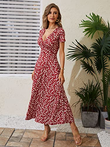 Image of HUHOT Women's Short Sleeve Wrap V Neck Dresses for Wedding Guest Summer Floral Maxi Sundresses with Pockets Boho Dress