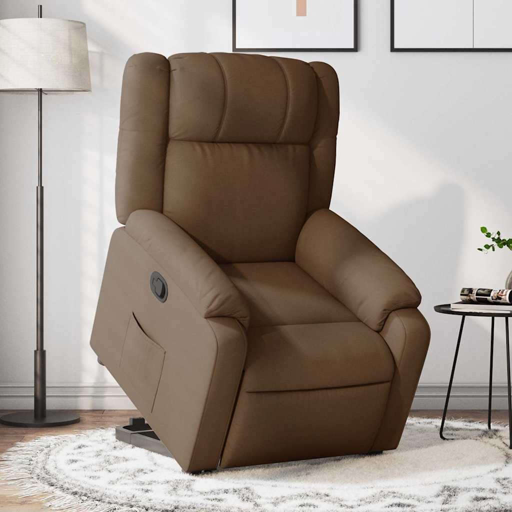 Sillón elevador reclinable marrón de tela con motor eléctrico y reclinación manual, asiento acolchado y marco estable, función de elevación para personas mayores
