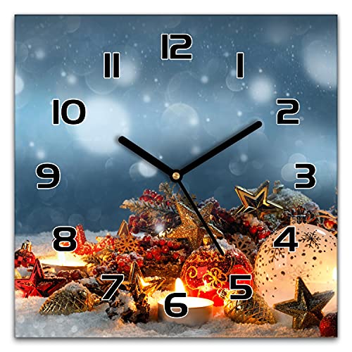 Horloge Murale Noël chic en verre imprimé boules d'étoile idée cadeau déco pour les fêtes