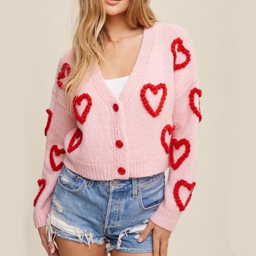 Image of Valentine's Day Cardigan Sweaters for Women Love Heart Print Button Down Cropped Cardigans Y2K Open Front Knit Sweater