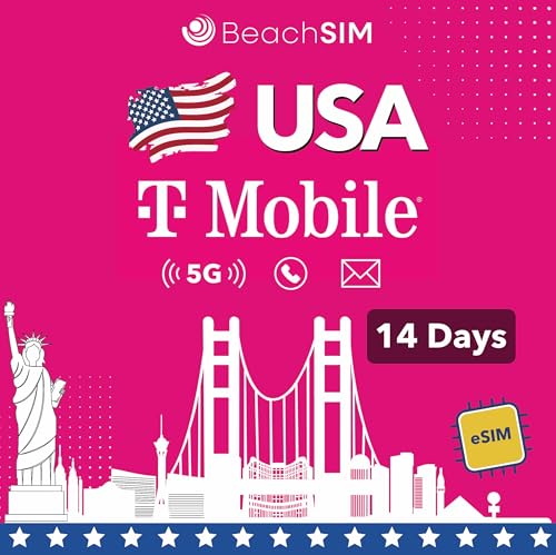 BeachSIM USA eSIM por 14 días. Datos, Llamadas Locales y Mensajes de Texto ilimitados en la Red T Mobile. Activación rápida y Recarga Sencilla. Compatible con Dispositivos compatibles con e SIM.