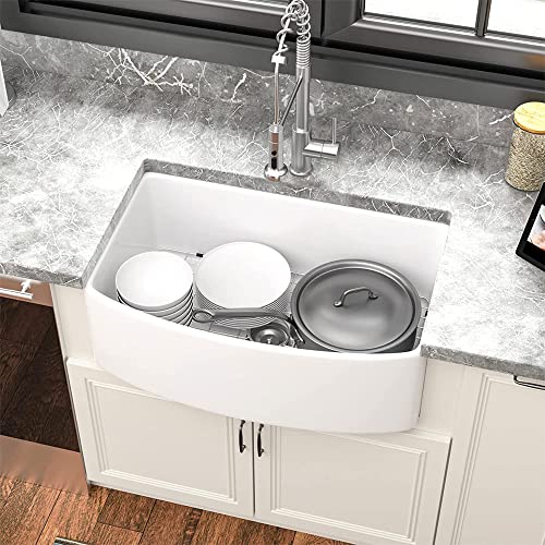 30 Farmhouse Sink White - Sarlai 30 Inch Kitchen Sink Arch Edge Curved Apron Front Ceramic Porcelain Fireclay Single Bowl Farmer Sink #TOP6