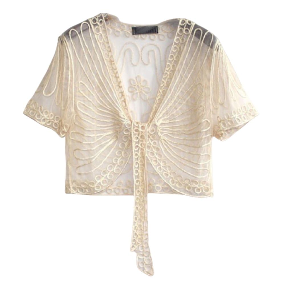 FWSHANGMAO Ladiery Shrug,Women'S Short Sleeve Shrug Summer Crochet Floral Lace Bolero Cardigan Mesh Black Embroidery Jacket Front Tie Elegant Shoulder Jacket See Through Cover-Up For Dresses,Beige,M