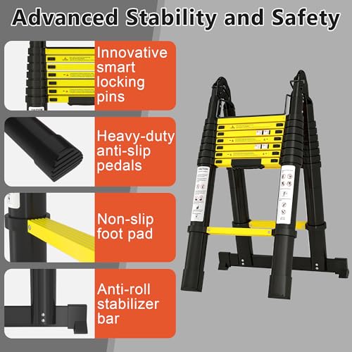 Image of Telescoping Ladder A Frame 16.5Ft with Stabilizer Bar, Black+Yellow | 330 LBS Capacity with Non-Slip Feet, Aluminum, Collapsible Extension Ladder for House, Roof, RV & Travel Trailer