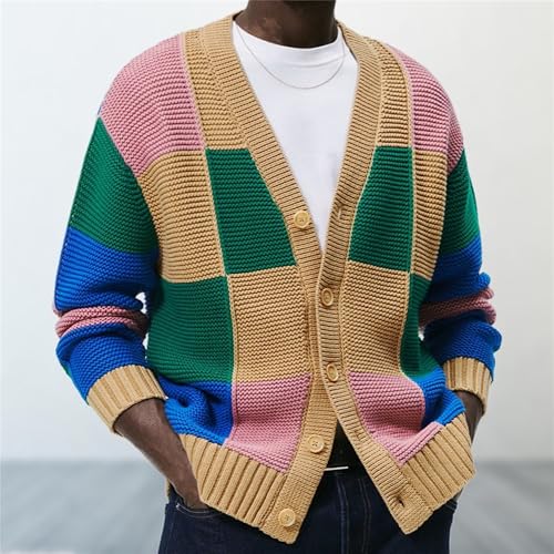 Men's Cardigan Knit Color Block Sweater V Neck Casual Loose Fit Sweater Button Down Fashion Warm Sweaters4