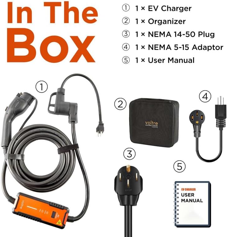 Contents of the Voltre M2 EV Charger box, including the charger, organizer, NEMA 14-50 plug, NEMA 5-15 adapter, and user manual.