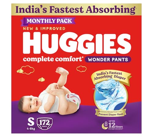 Huggies Complete Comfort Wonder Pants | Pant Style Baby Diapers Small Size (S), 172 Count | India's Fastest Absorbing Diaper, Prevents Diaper Rash, Id
