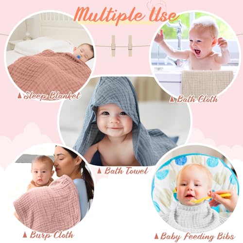 Image of VitalCozy 8 Pcs Baby Muslin Hooded Bath Towels and Washcloths, Muslin Hooded Baby Towels Absorbent Blankets for Gift Newborn Infant Shower (Pink,White)
