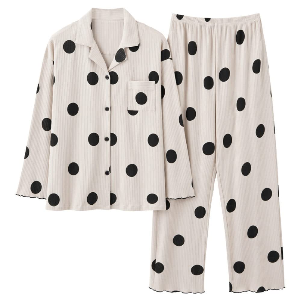 Pijamas Mujer Invierno,Conjuntos De Pijama para Mujer Vintage Beige Estampado De Lunares De Solapa De Algodón Blanco con Bolsillo Clásico Acogedor Cálido Pjs De Manga Larga Top & Amp; Conjunto De