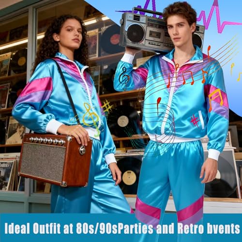 Funnity 80er 90er Jahre Outfit Herren Damen, 80er Jahre Trainingsanzug Fasching, Retro Trainingsanzug für Männer Frauen, Disco Ganzkörperanzug, Jogginganzug Karneval(Blau-L)