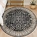 Black Boho Living Room Circle Rug 6ft - Washable Dark Vintage Moody Low Pile Non Slip Round Carpet for Bedroom, Dinning Room, Office, Farmhouse, Circular Area Rug Indoor Décor
