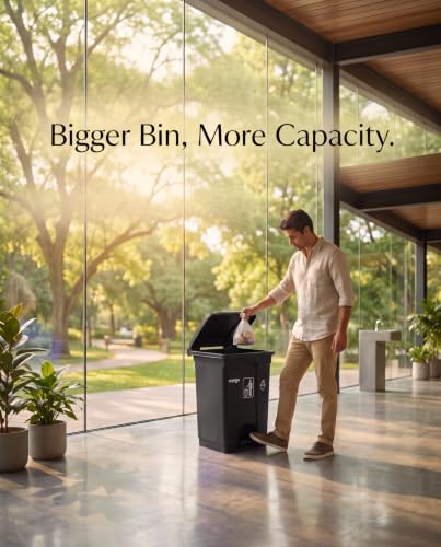 Image of pedal dustbin with lid, heavy duty plastic garbage bin, hands-free step-on waste bin for kitchen, office, home, hotel, bathroom & outdoor use (Jet Black, 65 Liters)