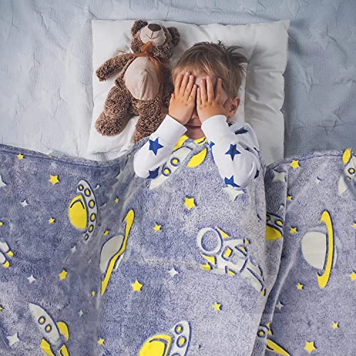 Image of Glow in The Dark Blanket Gifts for Toddler Kids Teen Girls| 80 x 70 inch / 200cm x 180cm |Bedroom Decor, Lightweight Throw Blankets|Soft Cozy Fluffy Luminous Throw Blanket - Blue Rocket