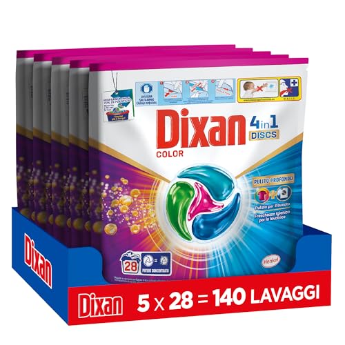 Dixan DISCS 4in1 Color Detersivo Lavatrice, 5 confezioni da 28 lavaggi, Capsule lavatrice per colori vivaci, pulizia profonda del bucato e freschezza igienica per lavatrice, Rimuove le macchie da 20°C