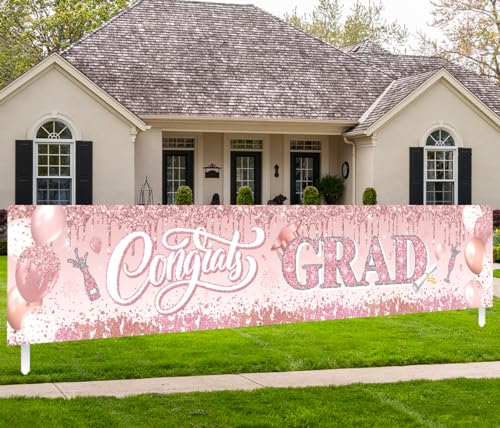 Image of Pink Graduation Party Decorations Class of 2026 Banner Congrats Grad Rose Gold Graduation Yard Sign Banner for Class of 2026 Graduation Party Supplies