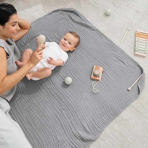 Image of Comfy Cubs Muslin Baby Blanket - Soft, Lightweight, 6-Layer Cotton Swaddle Blankets for Newborns, Infants & Toddlers - 40 inch x 40 inch Large, Breathable & Versatile for Sleeping & Tummy Time - Heather Blue