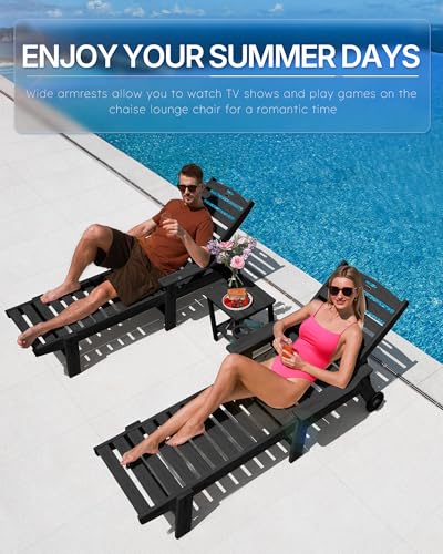Image of Patio Chaise Lounge Chair Set of 4, Oversize Lounge Chairs with Wood Texture& Rolling Wheels, HDPE 6-Position Plastic Lounge Chairs for Poolside, Patio, Deck, Beach,Black
