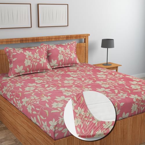 Image of NEW LEAF Cotton Fitted King Bedsheets with 2 Pillow Covers | Elastic Fitted | Wrinklefree | Ultrasoft |Winter Bedsheet 200 to 220 tc Floral | 78x72+8 Inches, Floral Light Pink Beige