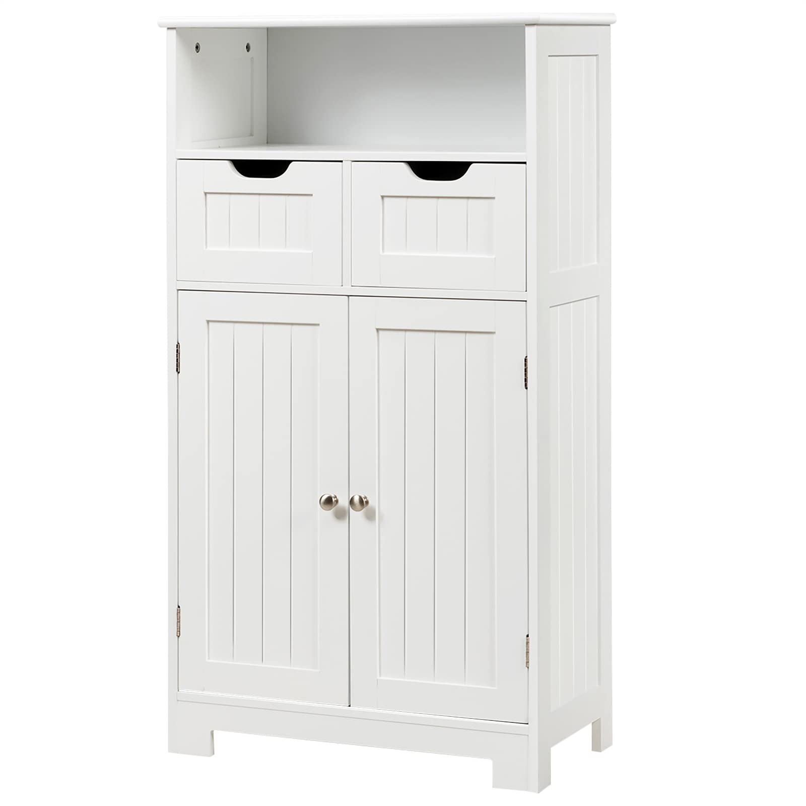 COSTWAY Bathroom Floor Cabinet, Wooden Free Standing Storage Cupboard with Adjustable Shelf, 2 Drawers and Doors, Home Living Room Hallway Organiser Unit (White)